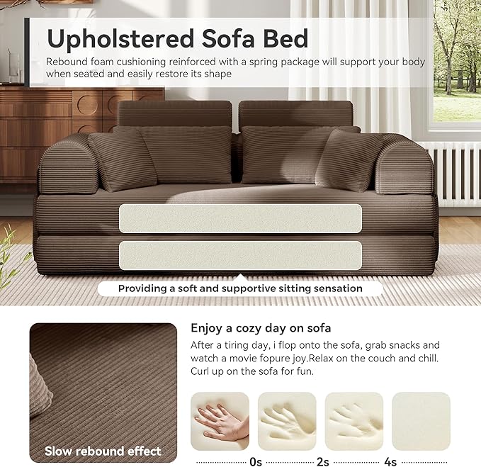 ZQRhome 2026 Upgrade Convertible Sofa Bed, 79 Inch Boneless Couch with Fixed-Shape Frame, Corduroy Fabric with High Backrest, Floor Sofa Modular Futon Couch for Living Room Bedroom Lounge (Brown)