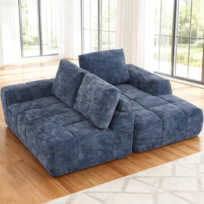 KEIKI Sectional Chenille Floor Sofa, Convertible L-Shaped Boneless Cloud Sleeper Couch with Chaise Lounge, Space Saving Modular Futon Couches Bed for Living Room Bedroom, No Assembly Required, Blue