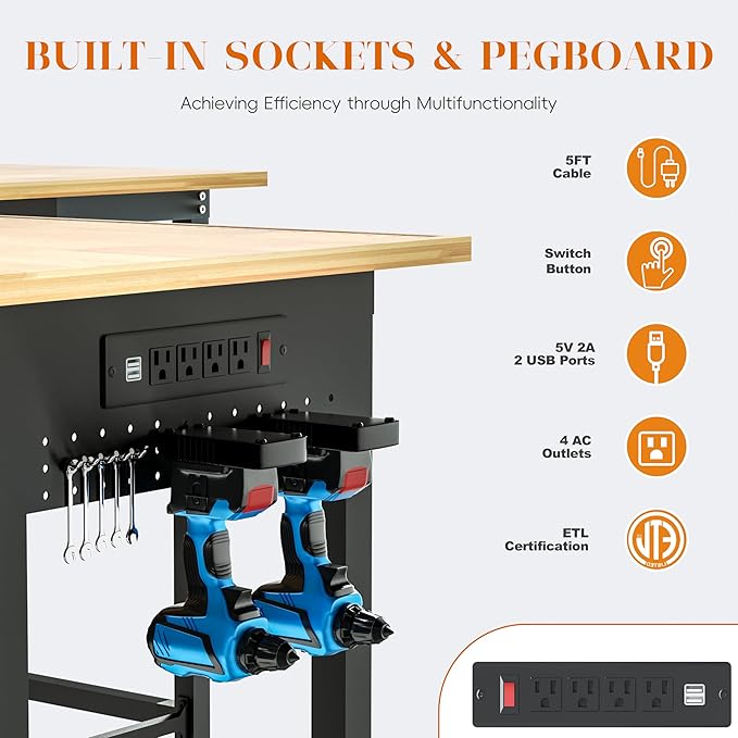 Betterhood Adjustable L-Shaped Workbench, Rubber Wood Top Heavy Duty Workstation with Power Outlets, 2000 LBS Load Capacity Hardwood Worktable for Workshop, Garage, Office, Home, Commercial