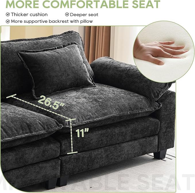 Oprisen 86" Modular Sectional Sofa, Comfy Cloud Couch Sectional Sofa with Ottoman, Chenille Sofa Sleeper Deep Seat Sofa with Throw Pillows for Living Room (Black)