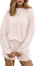 Ekouaer 2 Pieces Lounge Set for Women Long Sleeve Pajamas Top and Shorts Matching Sets Outfits with Pockets