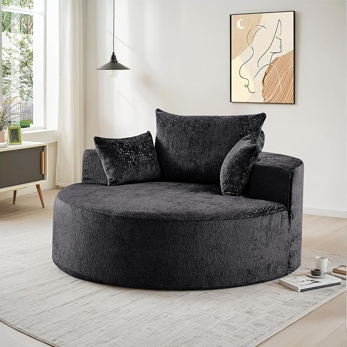 Oversized Round Chaise Longue Chair Indoor, Modern 55-inch Upholstered Chenille Deep Seat Circle Single Cloud Lounge Floor Sofa Chair for Living Room, Bedroom Apartment, Black