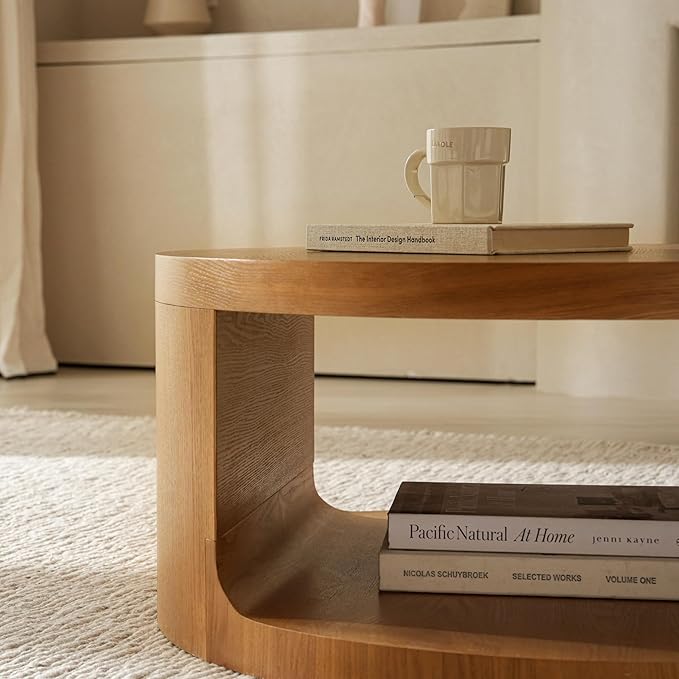 Veihaus Round Coffee Table with Storage, 31.5" Modern Living Room Table, 2 Tier Circle Wood Center Tables for Apartment, Living Room, Open-Style Storage Coffee Tables, 31.5"*15.7" (Nature Wood)