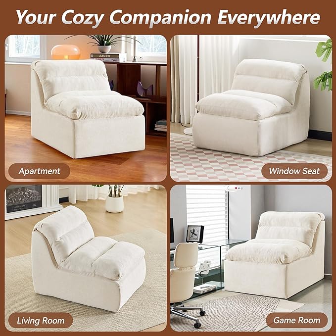 WUTUTUEE Boneless Chair, Double-Layer Armless Floor Sofa with High Density Memory Foam, No Assembly Togo Sofa, Chenille Bean Bag Chairs for Living Room, Bedroom, Comfy Cloud Chair (Beige)