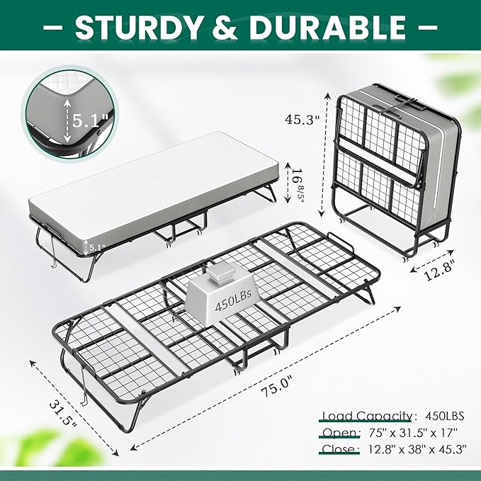 Greenvelly Folding Bed with 5 Inch Mattress, 75” x 31” Portable Rollaway Bed with Memory Mattress, Foldable Bed with Metal Frame for Adults,Guest,Space-Saving