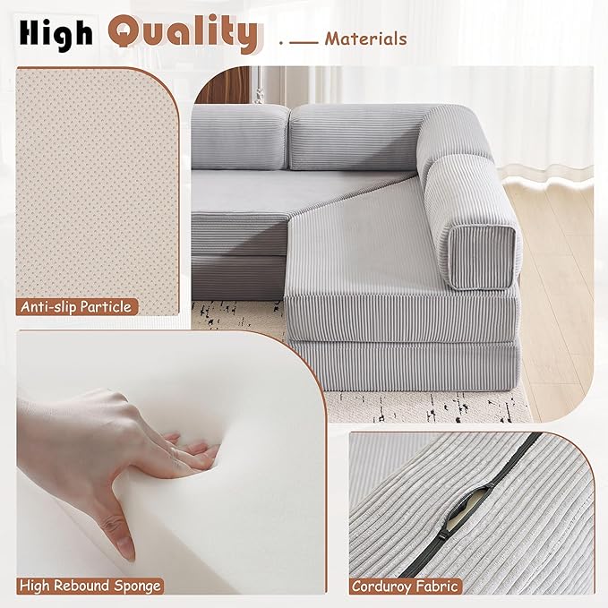 Modular Convertible Sofa Bed 106" L-Shaped with Reversible Chaise, Corduroy Floor Sleeper Boneless Couch, Folding Futon for Living Room, Apartment, Small Spaces, No Assembly Required, Grey