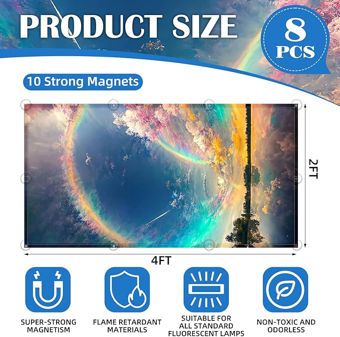8 Pcs Fluorescent Light Covers - 4 x 2 Feet Covers for Ceiling Lights, Magnetic Light Filters for Classroom, Office, Hospitals, Home (Auspiciousness Clouds)