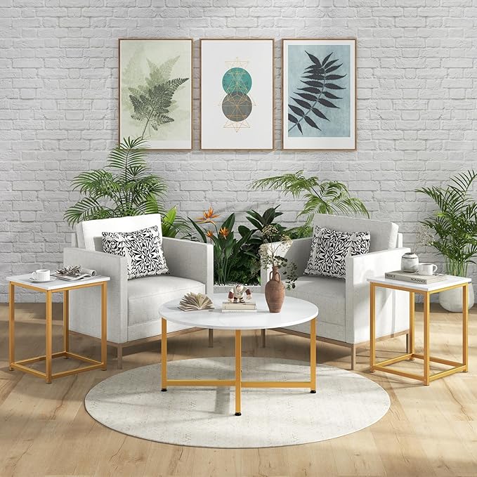 Giantex Round Nesting Table Set of 3, Modern Faux Marble Coffee Table w/2 End Tables, Sturdy Metal Frame, 3-Piece Wooden Living Room Table Set for Home Office, Apartment (White & Gold)