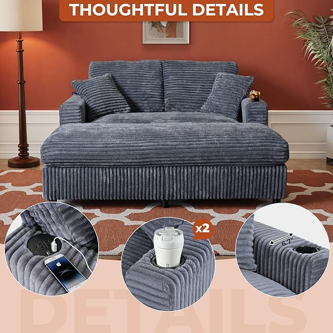 65" Oversized Chaise Lounge Chair Indoor, Upholstered Sofa Bed with Pillows & 2 Cup Holders, Sleeper Couch Comfy Corduroy Recliner Chair for Living Room, Movie Room, Bedroom, Gray