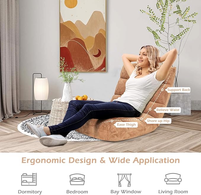 Floor Chair with Back Support, Foldling Gaming Sofa Chair with Comfy Cushion, Adjustable 14-Position Meditation Chairs, Lazy Lounge Recliner Reading Seat for Adults, Kids (Tan)