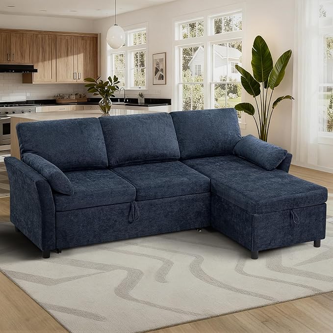 ACMEASE 83 Inches Fabric Sectional Sofa with Pull Out Sofa Bed, Modern L Shaped Sofa with Throw Pillows, Comfortable Sleeper Couch with Storage Chaise for Living Room, Blue