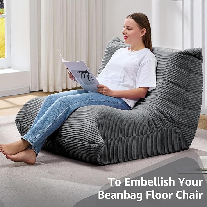 Bean Bag Chairs for Adults Giant Bean Bag Chair Memory Foam BeanBag Chair Bean Bag Sofa with Filler Faux Fur Fireside Beanbags Lazy Sofa for Living Room Bedroom Office (Grey Corduroy, Single)