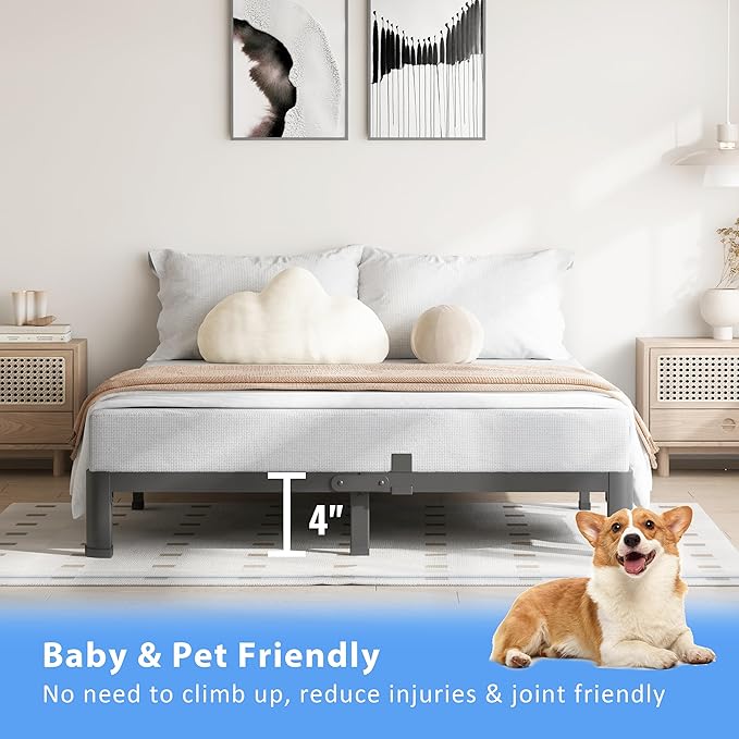 VIPSHOW 4 Inch Queen Bed Frame, 3500Lbs Heavy Duty Metal Platform with Round Corner Legs Mattress Slide Stopper, Steel Slat Support No Box Spring Needed, Noise Free, Non-Slip, Easy Assembly