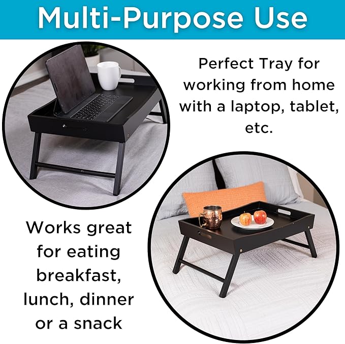 BIRDROCK HOME Wood Bed Tray for Eating | TV Tray with Folding Legs | Wide Breakfast Serving Lap Desk with Sides & Handles | Laptop Table | Foldable Study Writing Table | Adjustable Food Tray | Black