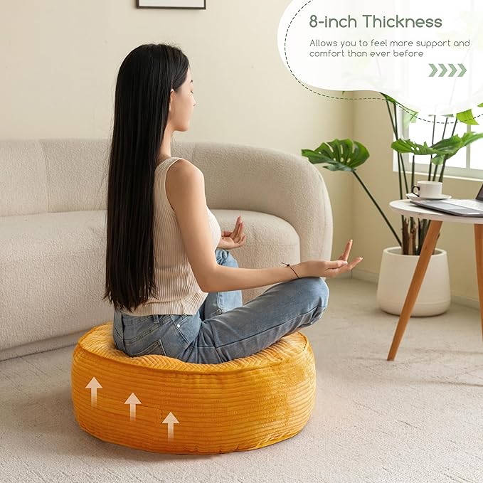 8" Washable Floor Pillow Cushion for Adults, Meditation Cushion Pillow, Large Round Floor Sitting, Removable Tufted Corduroy Cover, for Tatami Living Room or Yoga, 22x22 Inch, Machine Washable