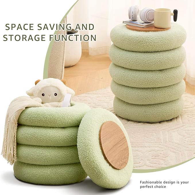 Wimarsbon Round Storage Ottoman, Modern Sherpa Footstool, Teddy Vanity Stool with Flip-Top Tray, Makeup Chair for Home Decor, Upholstered Footrest for Living Room & Bedroom (Green S)
