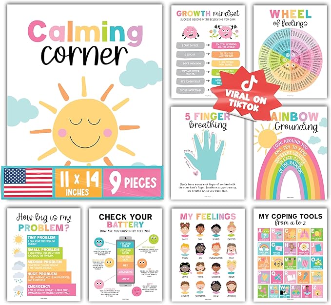 Hadley Designs 9 Calming Corner Posters For Classroom Must Haves For Teachers - 11x14 Calm Down Corner Supplies, Feelings Chart For Kids Ages 4-8, Feelings Wheel Poster, Pastel Classroom Decor