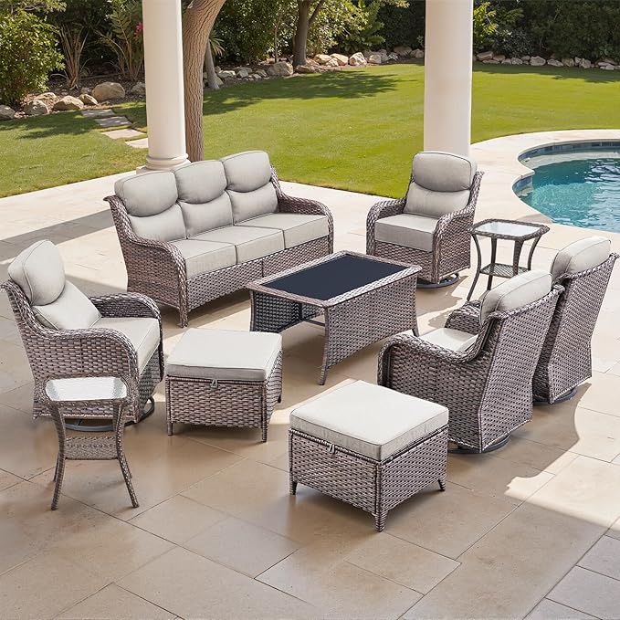 moosprr Luxury High Back Outdoor Furniture with 6-inch Extra Thick Cushions, Patio Furniture Set with Swivel Chairs, 10 PCS Wicker Conversation Set for Yard, Deck, Poolside, Brown/Beige
