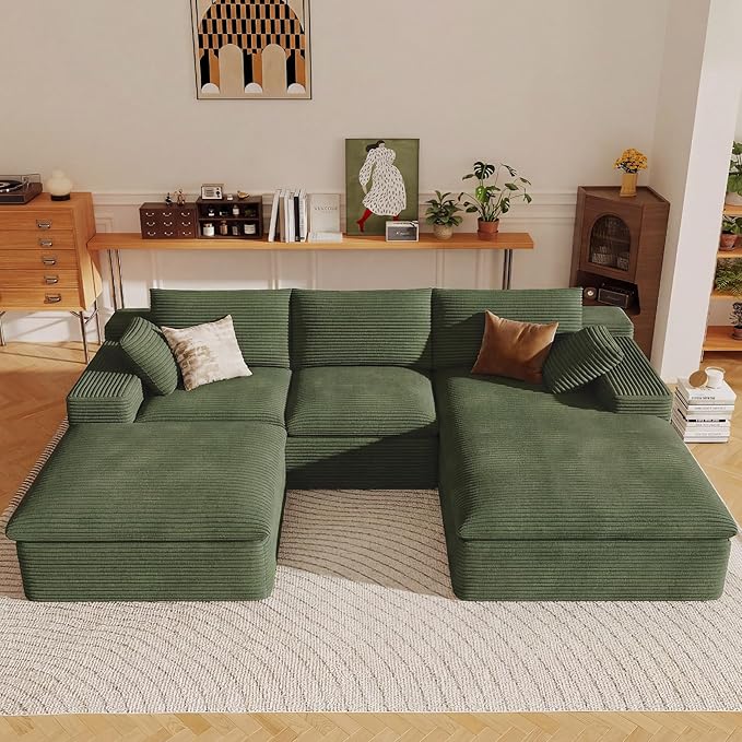 107" Cloud Sectional Couch with U-Shaped Chaise,Corduroy Viral Boneless Sofa with Ottoman,Memory Foam Couches in a Box with Deep Seat for Living Room,No Assembly Required (Green,Right-Facing Chaise)