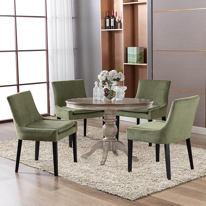 Modern Dining Chairs Set of 6, Upholstered Corduroy Dining Room Chairs with Wood Legs, Mid-Back Padded Kitchen Side Chairs for Dining Room, Green