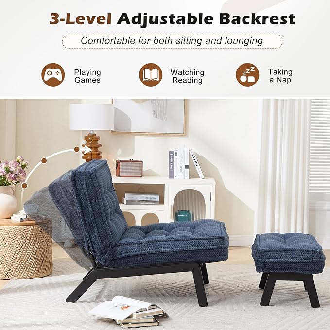 ANJ Accent Chair with Ottoman Adjustable Backrest, Living Room Chair Tufted Upholstered Lounge Chair with Footrest Set, Modern Chair Cozy Reclining Chair for Reading Room Bedroom