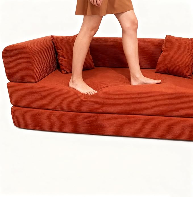 Modern Floor Sofa Bed with Bolster Pillows, Couch Bed,Foldable Sofa bigsize Sofa Convertible Lounger, Orange Red Corduroy (Orange red)