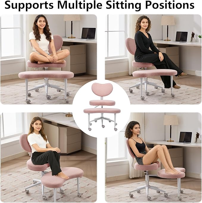 Meditation Chair with Lumbar Support,360° Swivel Cross Legged Chair with Wheels, Ergonomic Cross Legged Office Chair for Adults with ADHD, Height-Adjustable Yoga Chair, Teddy Fabric, Pink