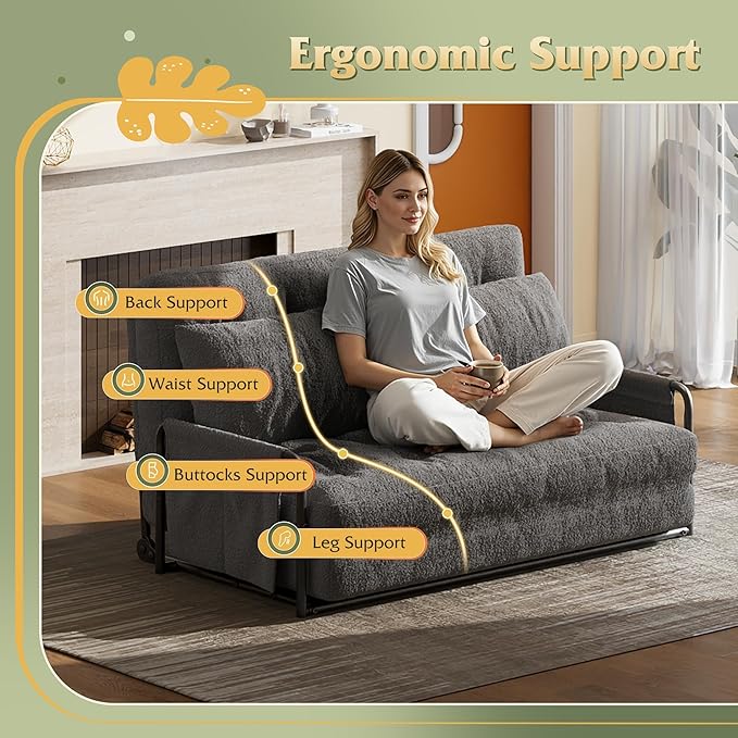 WLIVE Futon Sofa Bed with Adjustable Backrest, Bean Bag Chairs for Adults, Floor Couch with Armrest, Pillow, Low Profile Floor Seating for Living Room, Reading, Bedroom, Loveseat, Grey