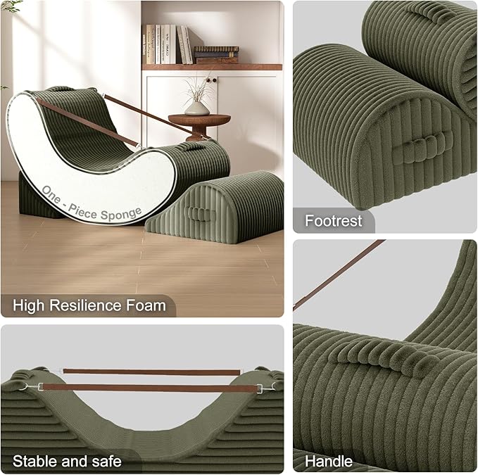 Gaint Bean Bag Chairs for Adults, Beanbag Lounge Filled with Memory Foam, Adjustable Angle, Corduroy Fabric, with Detachable Footrest for Bedroom, Living Room and Nursery(Olive Green)