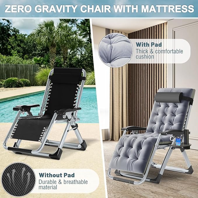 ABORON 2 Pack Zero Gravity Chair, Outdoor Lounge Chairs Sun Loungers with Removable Cushion,Headrest,Cup Holder,Reclining Patio Lounger Chair for Indoor and Outdoor