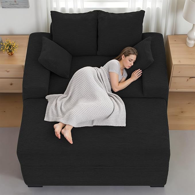 Indoor Chaise Lounge Chair with Storage Ottoman, Modern 60-Inch Lounge Sofa Chair with Wide Armrests & 4 Pillows, Oversized Comfy Reading Lounger for Living Room, Bedroom（Medium-Rib Corduroy Black）