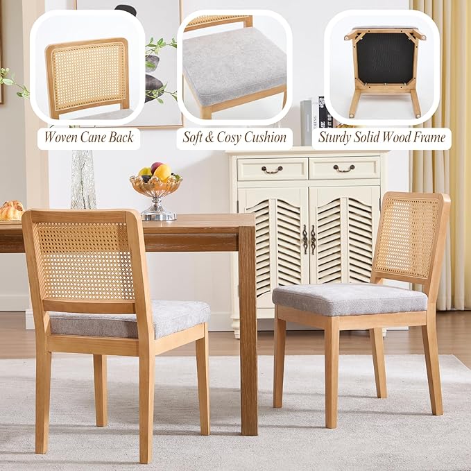 LukeAlon Set of 2 Dining Chairs Mid Century Modern with Woven Cane Back, Soft Chenille Upholstered Seat, Solid Wood Legs for Kitchen, Dining Room, Breakfast Nook, Farmhouse Style, Grey