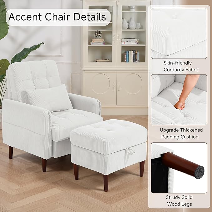 Lumibee Accent Chair with Storage Ottoman, Upholstered Comfy Reading Chair with Adjustable Reclining Backrest, Corduroy Fabric Lounge Chair Armchair for Living Room Bedroom, Set of 2, White