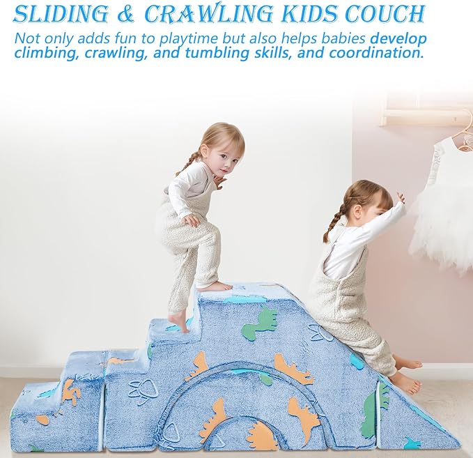 MeMoreCool Foam Climbing Toddler Couch, Modular Kids Sofa with Slide & Stair, Convertible Baby Couch for Playroom, Sectional Furniture for Crawling, Climbing, and Kids’ Play