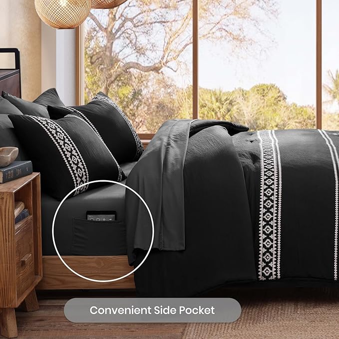 MaiRêve Embroidery Comforter Set, Boho Farmhouse Western Bedding Set, All Season Bed in A Bag Comforter Set with Sheets, Pillowcases & Shams, Black Full 7 Pieces