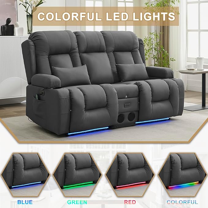 URRED Loveseat Recliner Sofa with Massage and Heat, Power Reclining Loveseat Sofa RV Couch with Console, Home Theater Seating with LED Lights, Bluetooth Speakers, USB, Outlets, Leathaire Gray