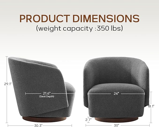 Boucle Swivel Accent Chairs Set of 2, No Assembly Upholstered Armchair with Rubberwood Base, 360° Rotating Living Room Chairs Set of 2 for Bedroom, Apartment & Reading Nook (2, Grey)