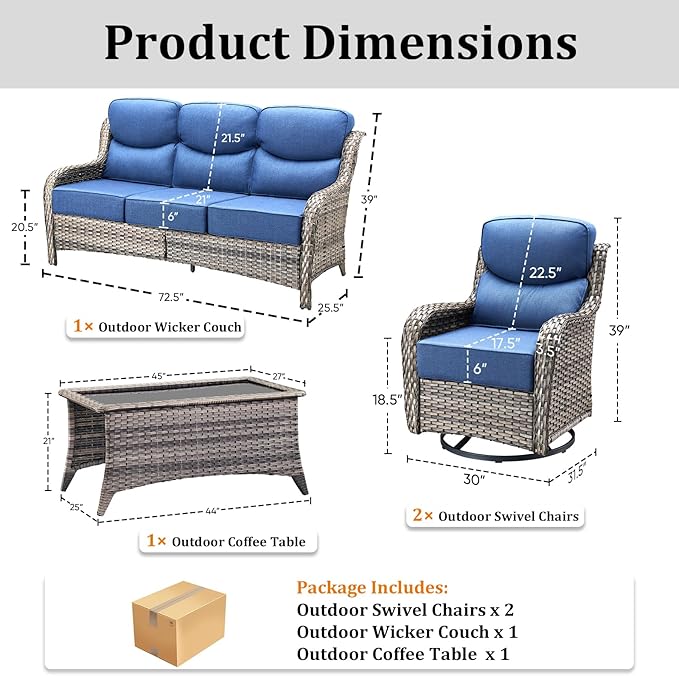 Pugire Luxury High Back Patio Furniture Set with 6-Inch Thick Cushions, 4-Pieces Outdoor Furniture with Swivel Chairs, Wicker Conversation Set for Porch, Balcony, Deck and Yard, Grey/Blue