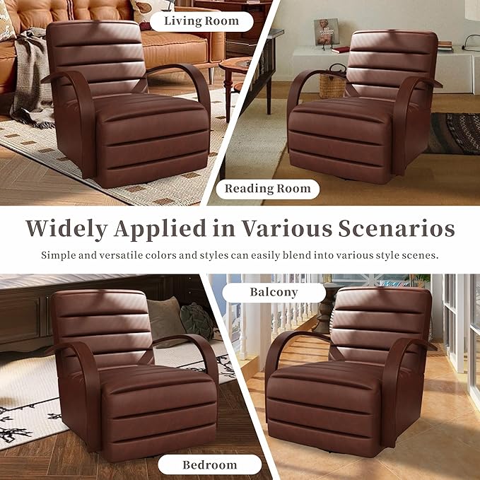 Chifee & Vingol 360° Swivel Accent Chair 30.3" W PU Leather Swivel Living Room Chair with Solid Wood Armrests Mid Century Modern Reading Chair,Brown