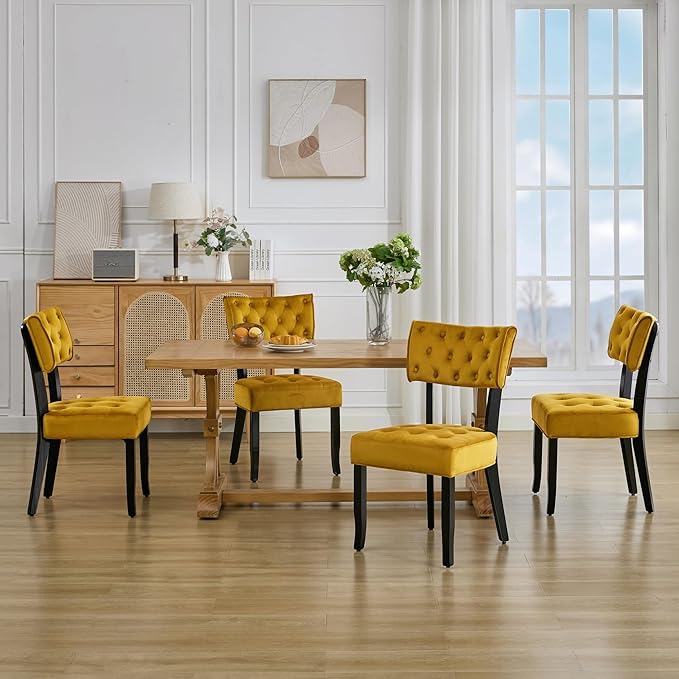 UVV Upholstered Dining Chairs Set of 4, Mid Century Modern Tufted Kitchen Chairs Dining Room Chairs, Velvet Dinner Chair with Wood Legs for Dining Room Kitchen, Turmeric-Black Legs
