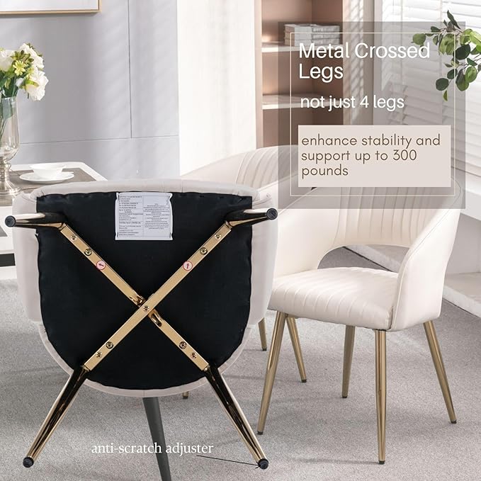 Faux Leather Dining Chairs Gold Legs, Modern Cream PU Leather Dining Room Chairs with Arms Set of 2 Upholstered Accent Chair Armchair with Barrel Back for Kitchen Living Room