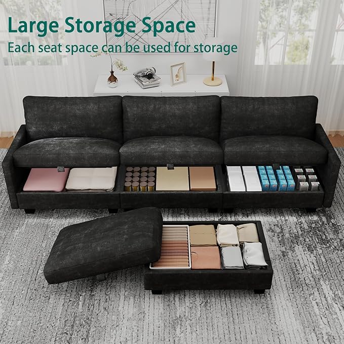 Modular Sectional L Shaped Sofa Couches for Living Room, Cloud Couch with Storage Ottoman, Comfy Chenille Sofa with Pillow, Black