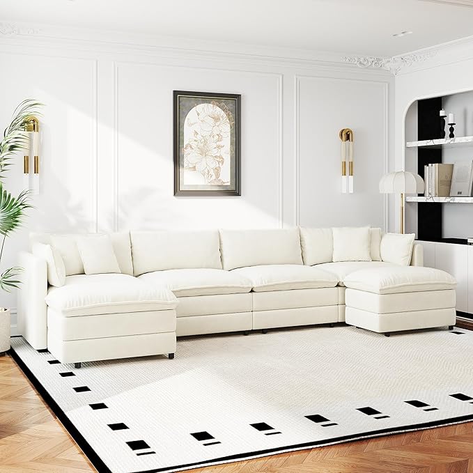 Aoowow Modular Sectional Sofa Modern Convertible U Shaped Couch,147.2 Inch Deep 4-Seater Sofas Set Comfy Chenille Cloud Sofas and Couches with Movable Ottoman for Living Room Apartment（Beige）