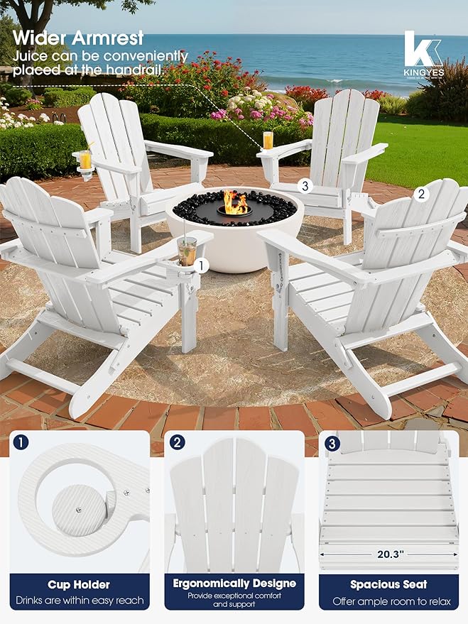 KINGYES Folding Adirondack Chair Set of 6, HDPE All-Weather Patio Chairs with Cup Holder, Wooden Textured Fire Pit Chairs for Poolside, Backyard, Deck, White