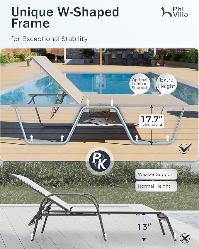 PHI VILLA 78" Oversized Outdoor Chaise Lounge Chair, 27" Extra Wide Foldable, 5-Position Adjustable, UV50+ Textilene Mesh, Rust-Proof Aluminum Frame, Khaki Beige