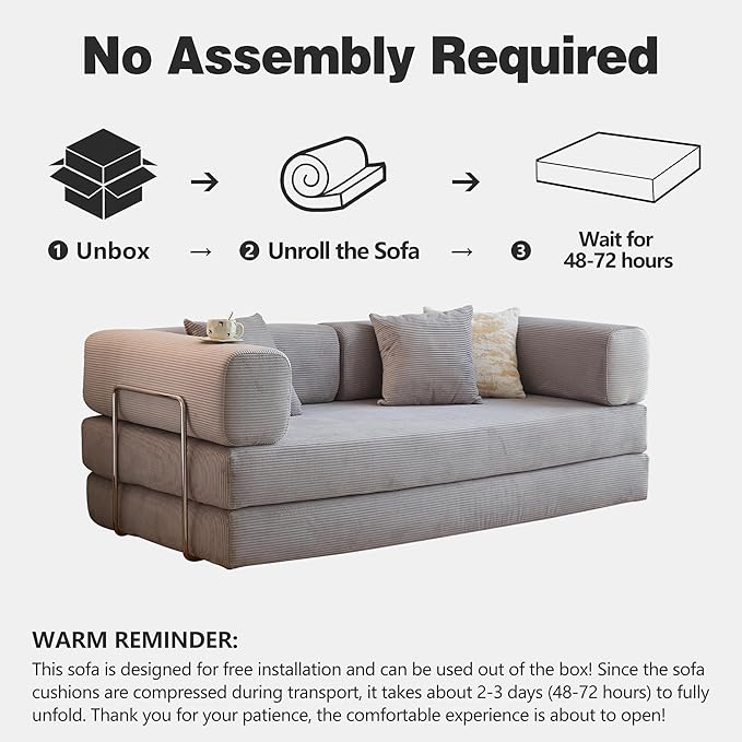 LIAROO 78.8" Convertible Sofa Bed - Compression Sofa with Corduroy Fabric - with Armrests and Backrest - Modular Sectional for Living Room, Bedroom, Studio - Compression Sofa in Box (Grey)