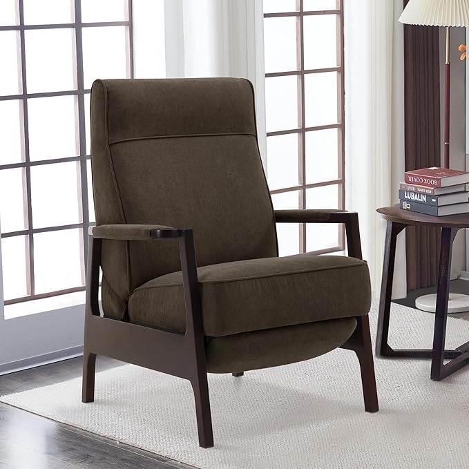 MCombo Pushback Recliner Chair with Wooden Armrests, Upholstered Single Sofa Accent Chair for Living Room and Office, Fabric MR097 (Coffee)