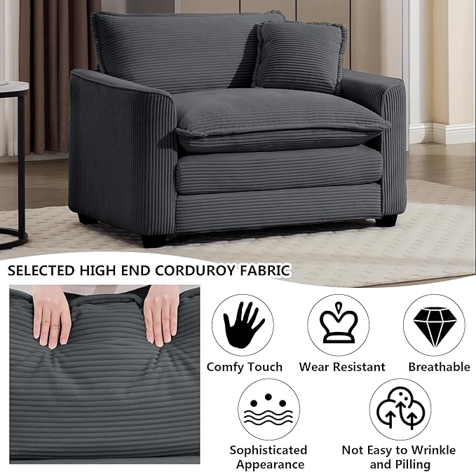 Aoowow Corduroy Large Armchair,Modern Oversized Single Sofa Chairs with Throw Pillow,Deep Single Cloud Sofas Couches for Living Room,Tufted Oversized Accent Arm Chair (Grey, Sofa Chair)