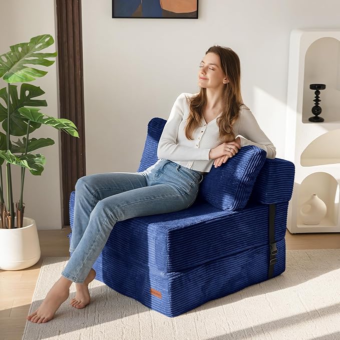 MAXYOYO Folding Sofa Bed, Convertible Chair Bed with High-Density Support Foam, Portable 4 in 1 Fold Out Seating to Floor Lounger, Versatile Floor Sofa Couch for Living Room Bedroom, Navy