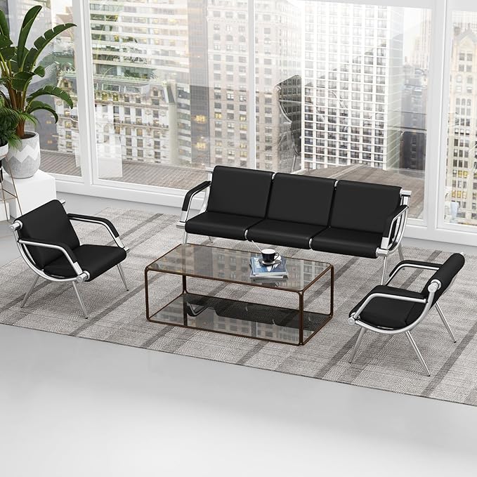 Kinfant Waiting Room Chair- Office Reception Furniture with Armrest and PU Leather Cushion, Office Guest Chair for Waiting Room Airport Hospital Bank Lobby, Black (1 Seat*2+3 Seat)